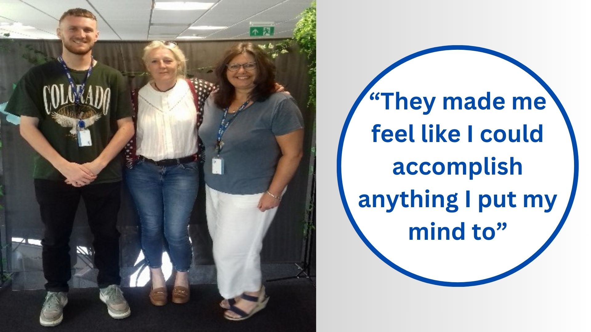 Image of 3 people, left Sam Maddocks (Employment Adviser), centre Carol (our participant) and right Debra Howarth (Employability Trainer) pictured at the CMT Services office.