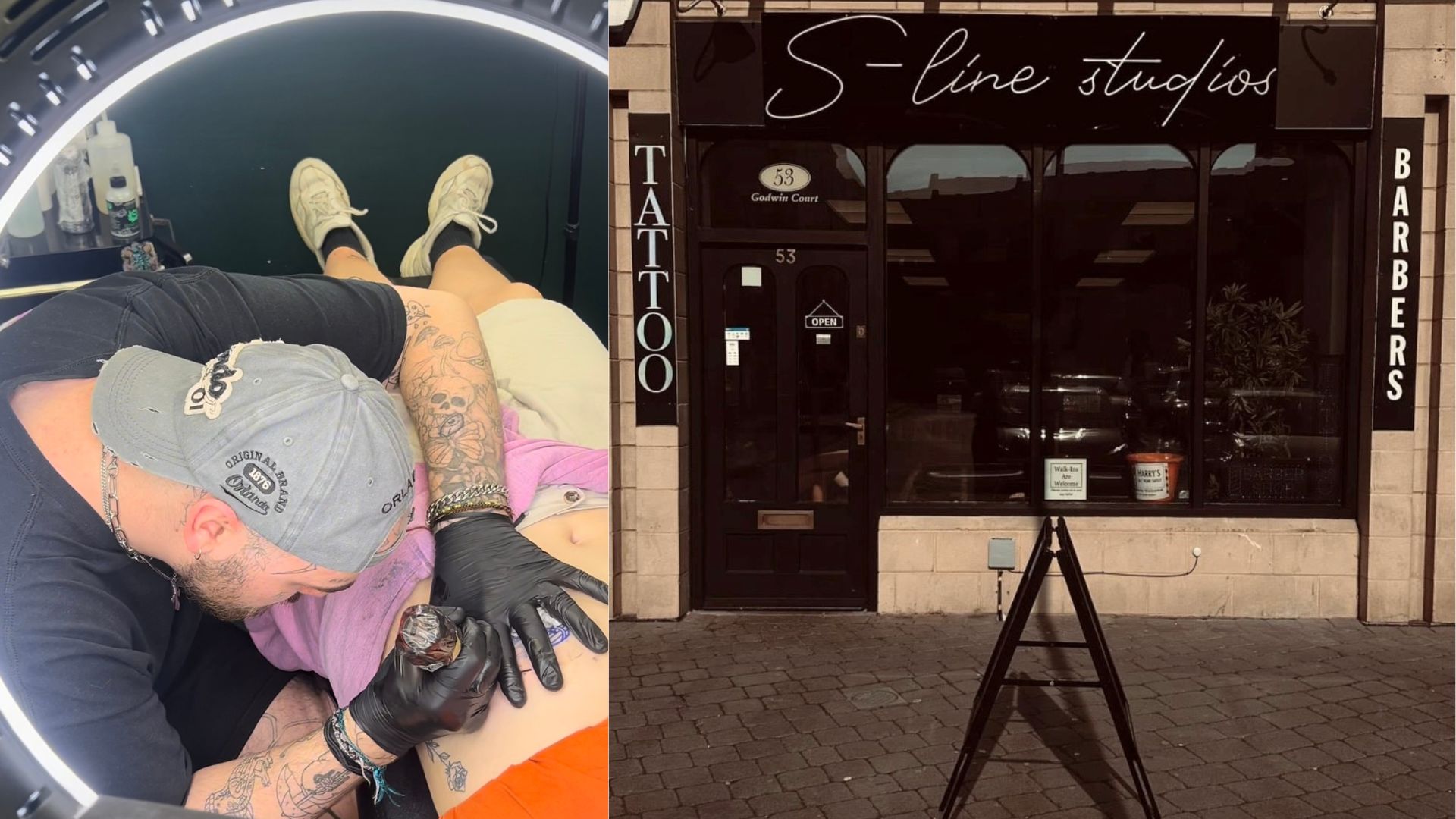 Picture of Kian tattooing and of S-Line Studios shop front