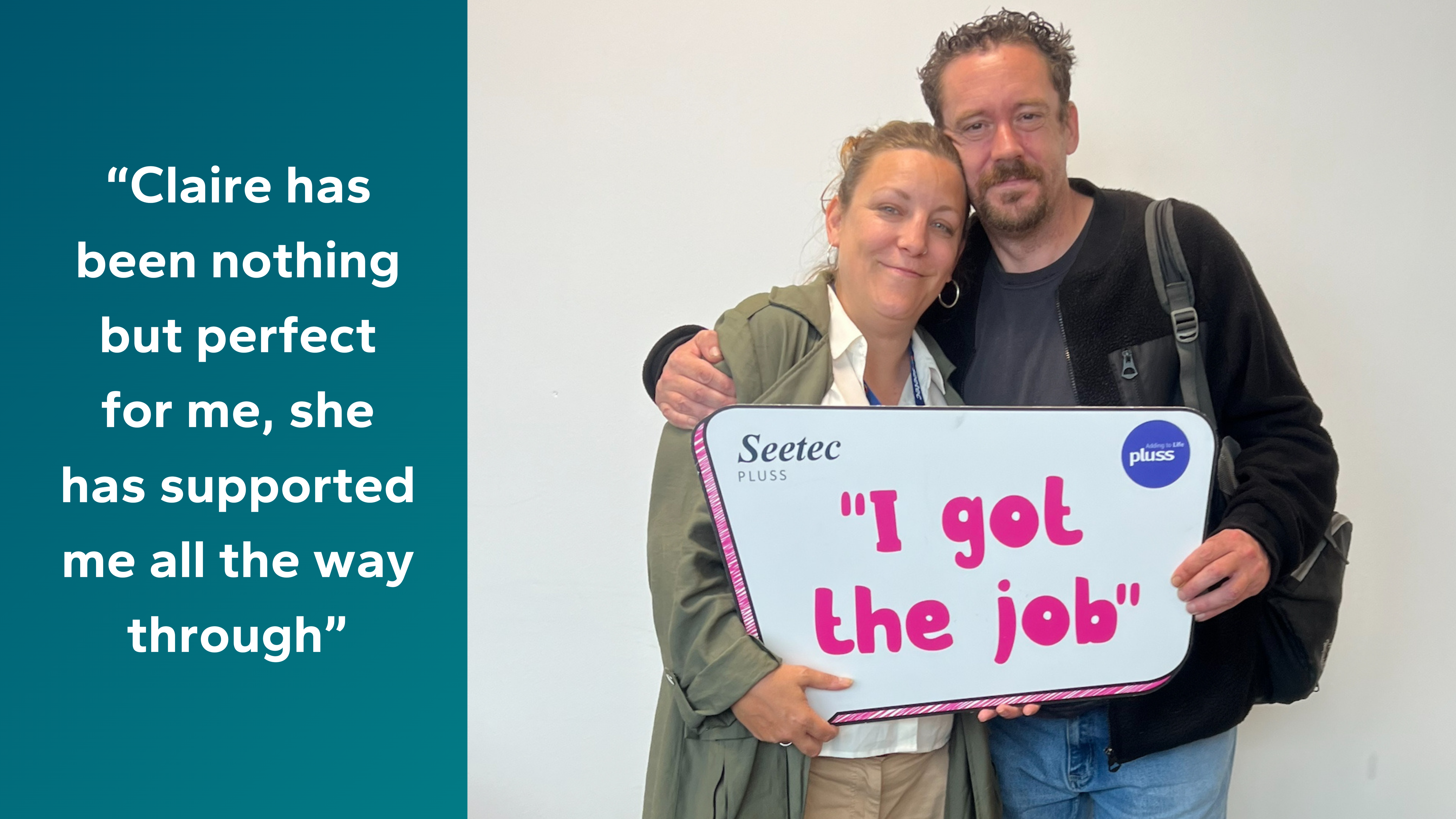 A photo of our participant Derrick with his employment advisor Claire at our Plymouth office. Claire provided effective 1-to-1 support to help Derrick find work. 